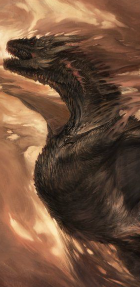 Een brullende draak, hi heeft een soort stekels bij zijn hoofd een lichaam. hij kijkt boos