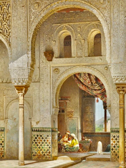 Een foto van een witte tempel, door een deur open zien we meisjes aan tafel zitten. De tempel heeft een luxe arabische uitstraling