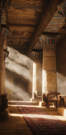een foto van de binnenkant van een egyptische tempel, er komt mooi zonlicht van link naar binnen. er zijn grote beschilderde pilaren. 