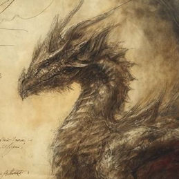 Een schilderij van een draak, de draak heeft allemaal scherpe punten rondom zijn lichaam, vooral bij zijn hoofd. hij ziet er gemeen uit