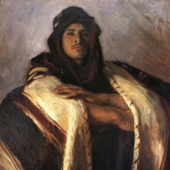 Een oud schilderij van een arabische man/jongen, hij draagt een soort tulband en heeft een dure mantel om. Hij kijkt arrogant. 