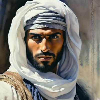 Een portret van een perziche man met een baard, hij kijkt serieus. Hij heeft een soort doek om zijn hoofd in een arabische stijl