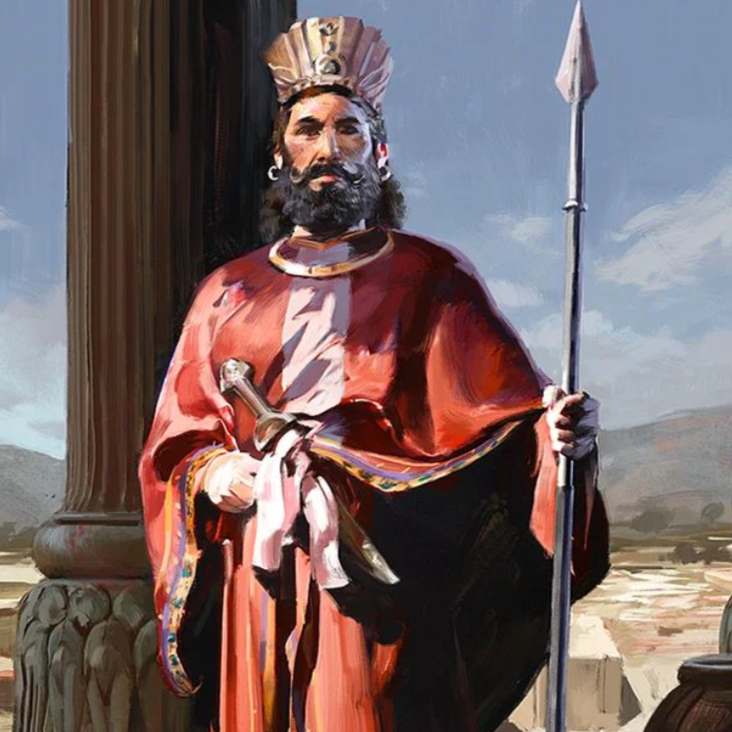 Een waterverf portret van een koning. hij heeft zwart krullend haar en dure kleding. 