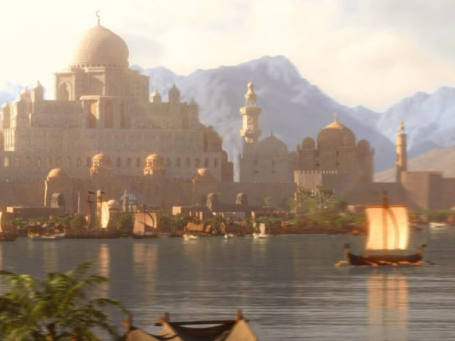 Een dromerige foto van een moskee die aan een meer staat, er varen bootjes over het water. de zon straalt fel. De moskee is groot en luxe