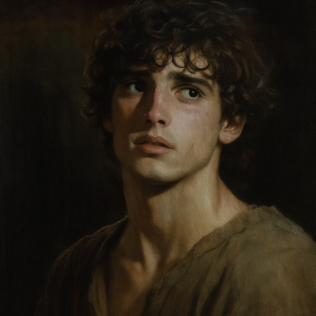 Schilderij van Joodse jongen, hij draagt een verouderd bruin shirt, hij kijkt wanhopig  