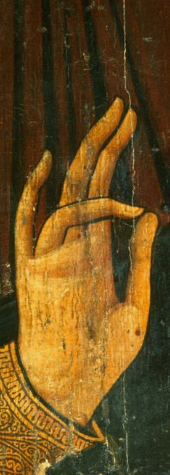 Een oud schilderij van een hand wat het volgende g