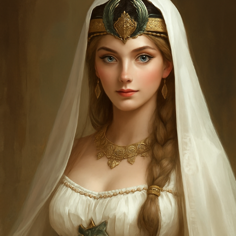 Een portret schilderij van een egyptisch meisje, ze heeft een rode doek over haar bruin krullend haar. haar kleding is simpel met wat goud