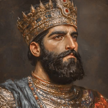 Een portret schilderij van een arabisch/indische man. Hij heeft een outfit vol goud aan, zijn kroon is groot