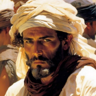 Een portret van een middeljarige arabische man met een lange baard, hij kijkt wat boos/moe, hij heeft een witte doek rondom zijn hoofd